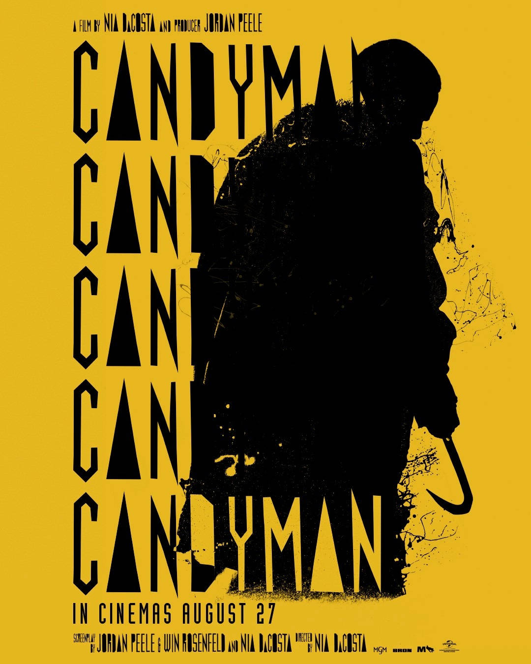 Candyman 桌布 壁紙 — 一個帶有鉤手的黑影人物在鮮黃色背景上聳立，'CANDYMAN' 字樣以銳利黑色字體垂直重複。