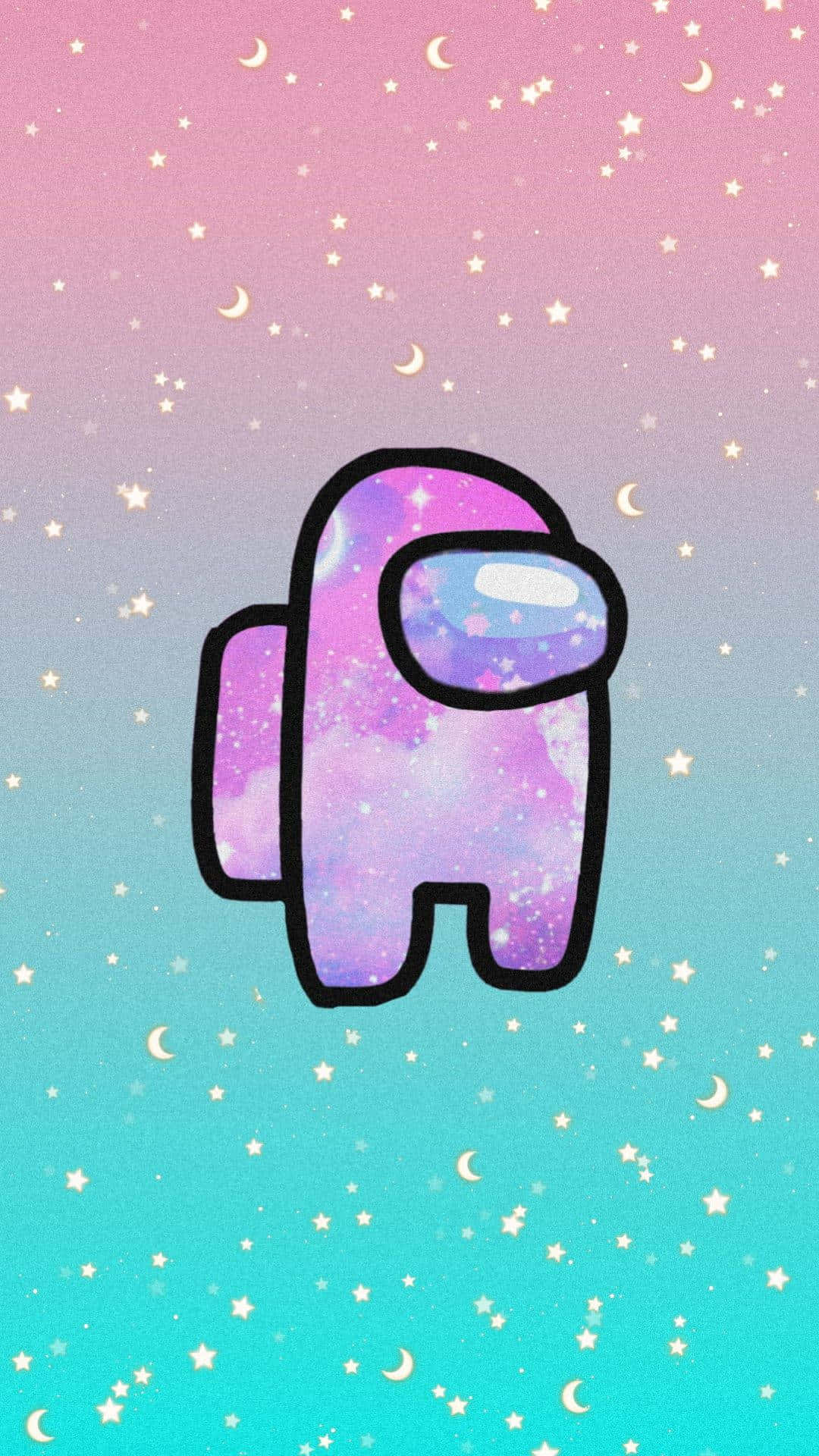Among US Phone 桌布 壁紙 — 一個帶有銀河圖案的卡通太空人漂浮在充滿星星和彎月的粉彩天空上。