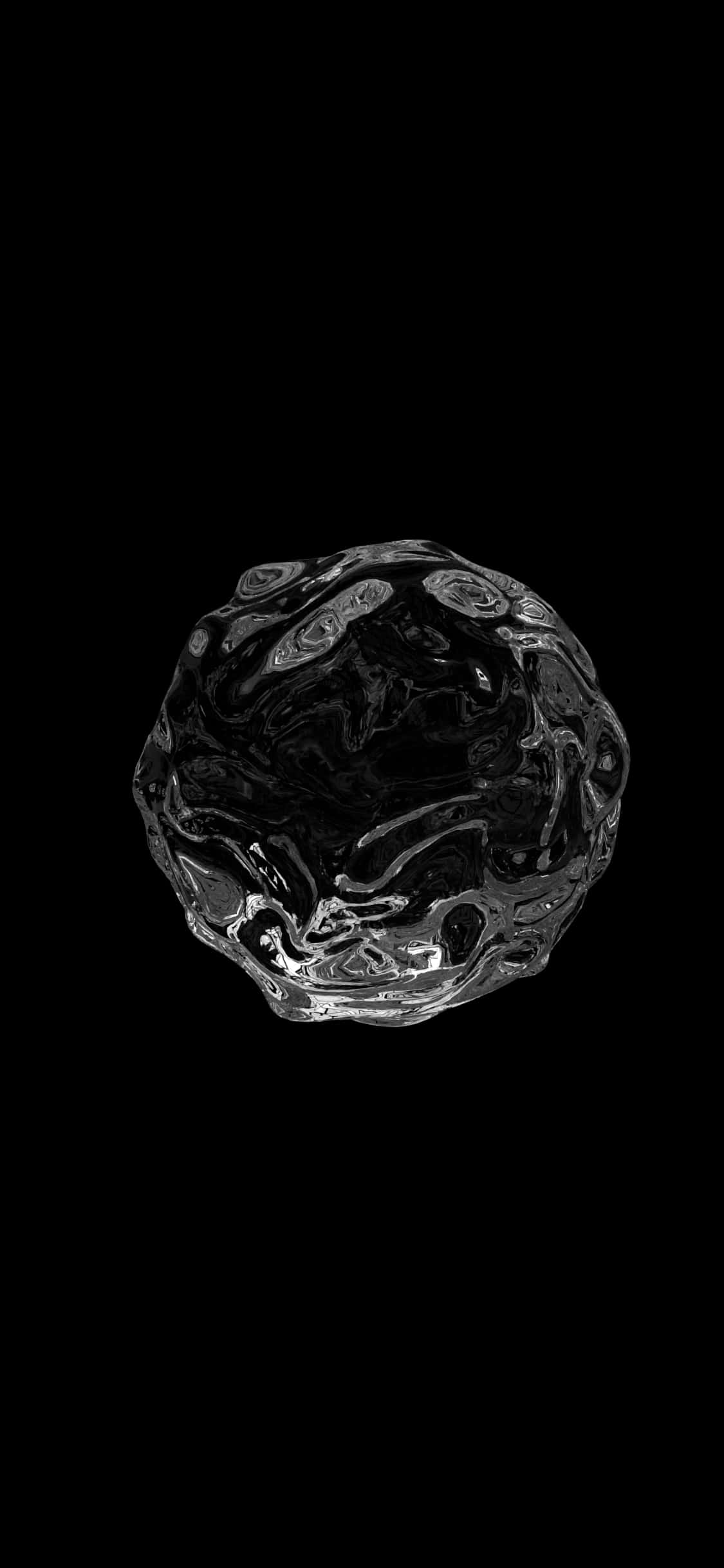iPhone 11 Pro Black 桌布 壁紙 — 一個帶有銀色漩渦圖案的光滑黑色球體漂浮在純黑色背景上。