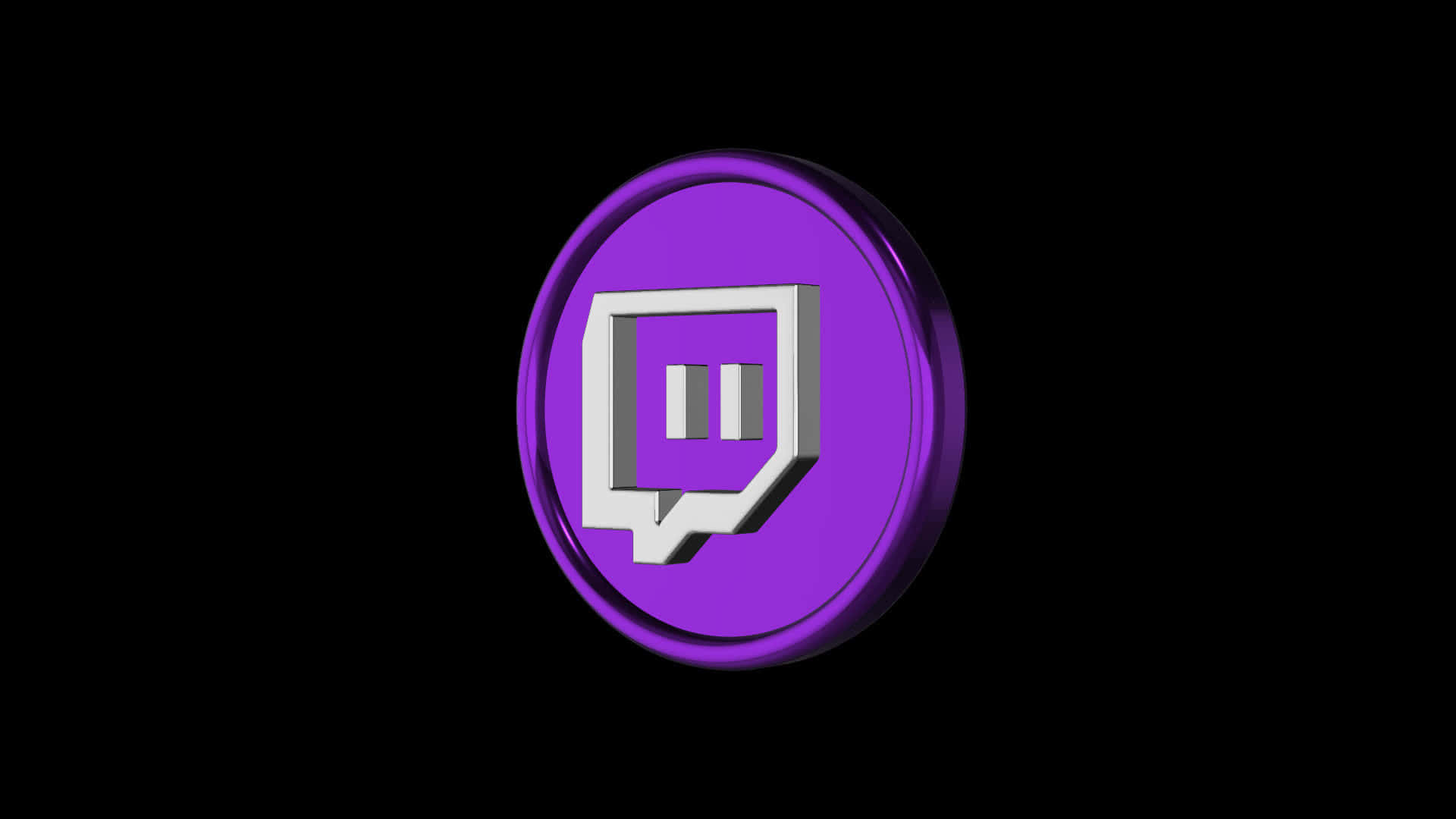 Twitch 桌布 壁紙 — 一個帶有銀色聊天圖示的亮面紫色圓形 Twitch 標誌，置於黑色背景中央。