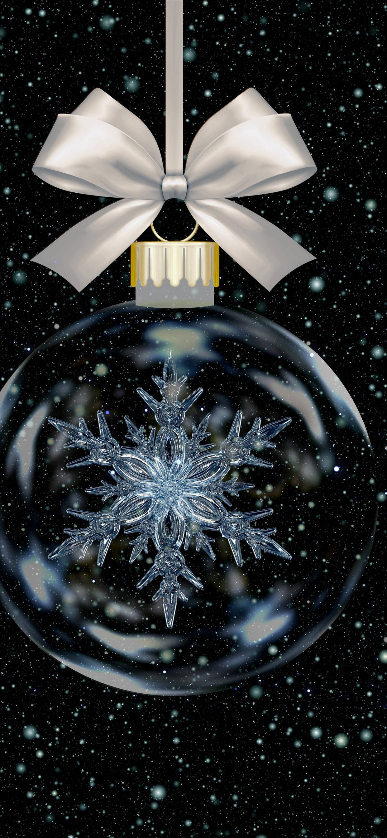 Snowflake iPhone 桌布 壁紙 — 一個帶有銀色蝴蝶結的玻璃聖誕裝飾品懸掛在星空夜空中，內部包含一個發光的雪花。