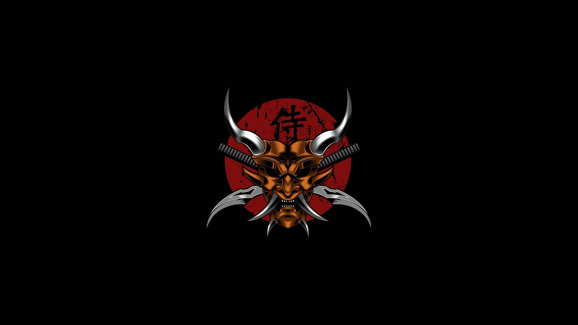 Oni 桌布 壁紙 — 一個帶有銀色角、交叉劍的兇猛橙色武士惡魔面具，背景為黑色，上有紅色太陽和漢字。