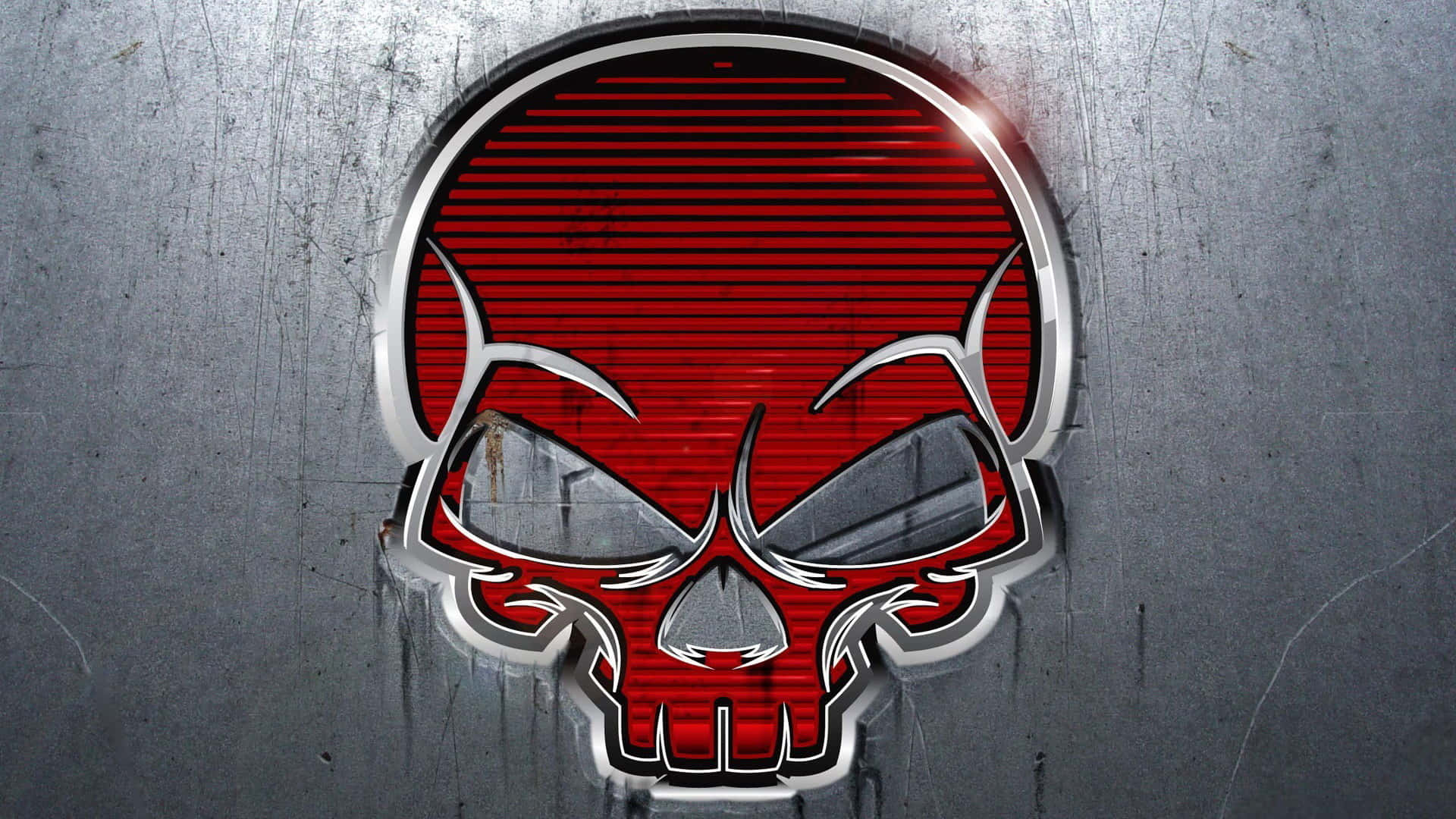 Awesome Skull 桌布 壁紙 — 一個帶有銀色金屬飾邊的紅色骷髏標誌，嵌入在刮花的灰色金屬表面。