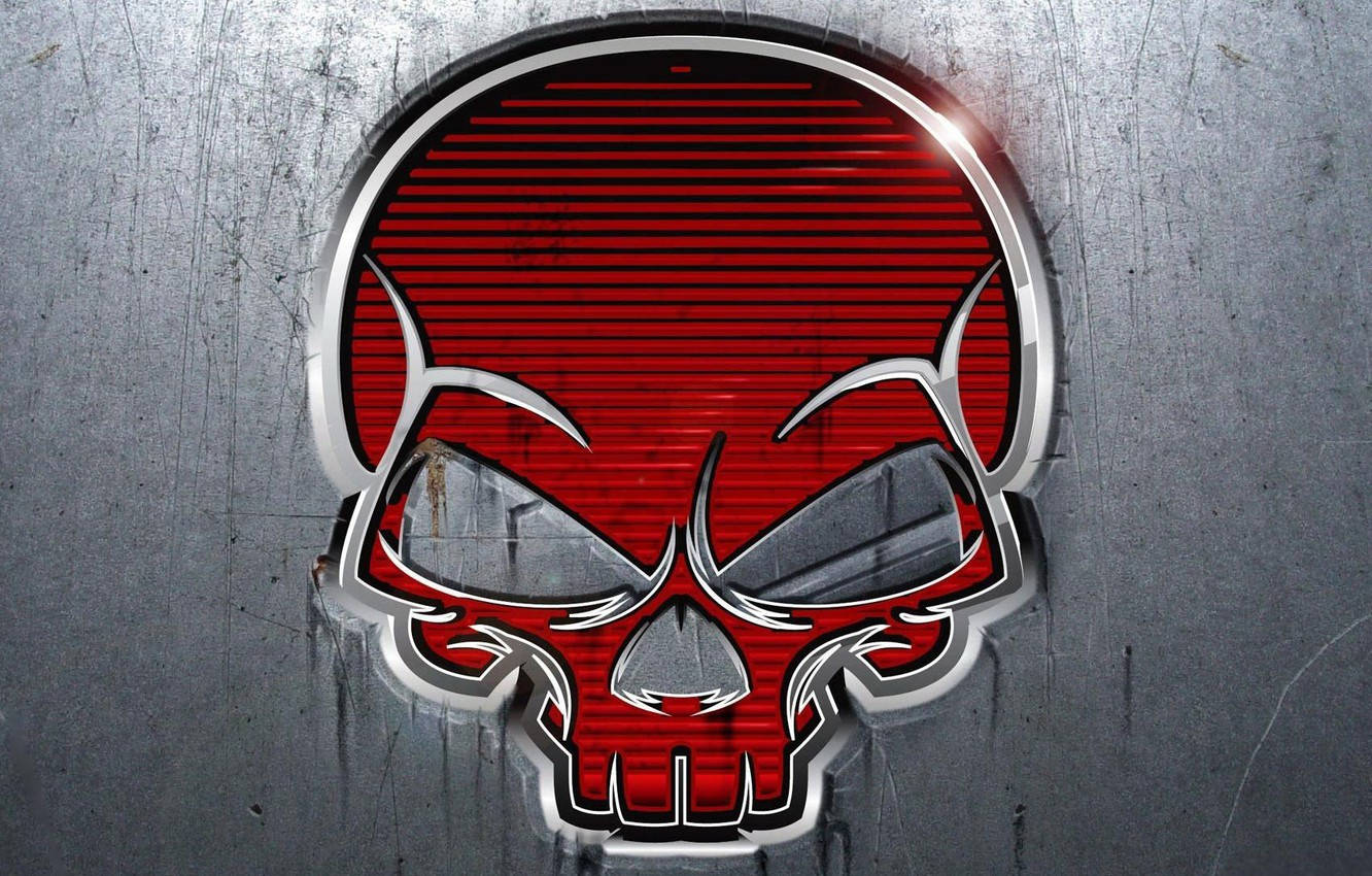 Punisher Logo 桌布 壁紙 — 一個帶有銀色金屬飾邊的紅色骷髏標誌，嵌入在刮花的鋼表面上。