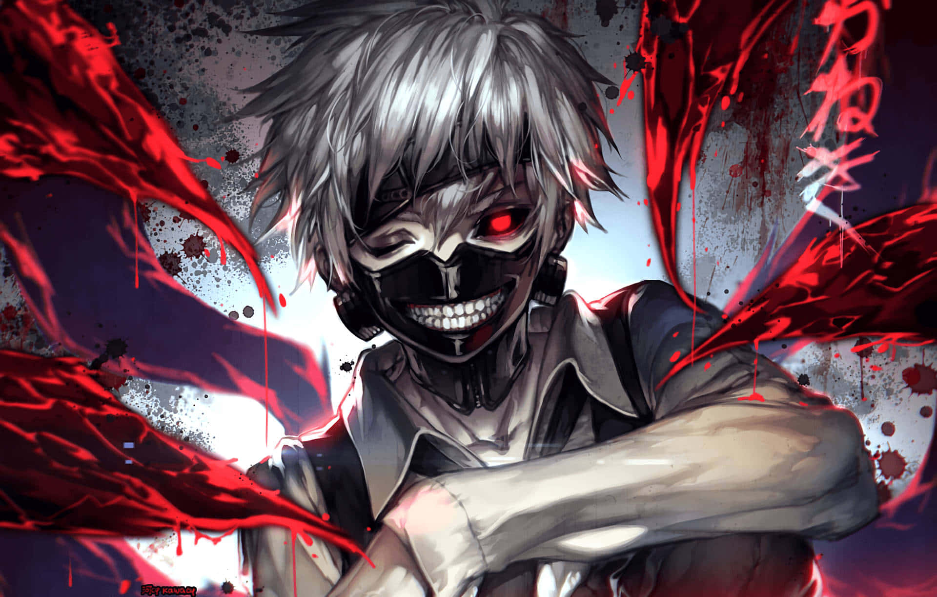 動漫男孩 桌布 壁紙 — 一個帶有銀色頭髮和發光紅色眼睛的威脅性動漫角色，被飛濺的紅色能量包圍，背景陰暗粗糙。