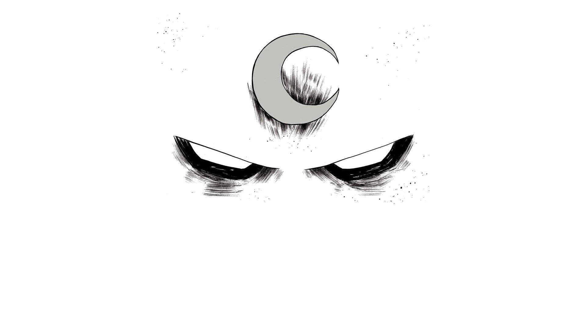 Moon Knight 桌布 壁紙 — 一個帶有銳利眼睛、從純白背景向下凝視的威脅性新月。