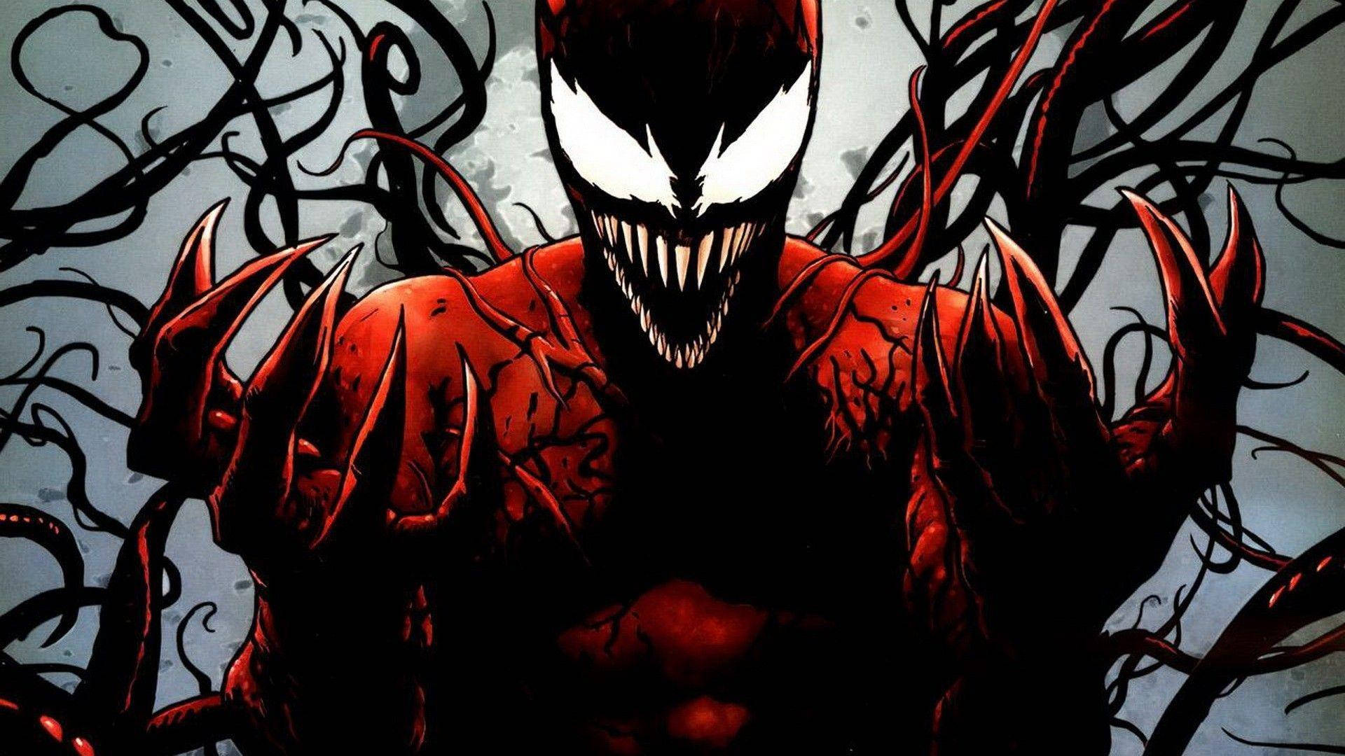 Venom Carnage 桌布 壁紙 — 一個帶有鋒利爪子和白色眼睛的威脅性紅色共生體生物，在黑暗旋轉的背景中若隱若現。
