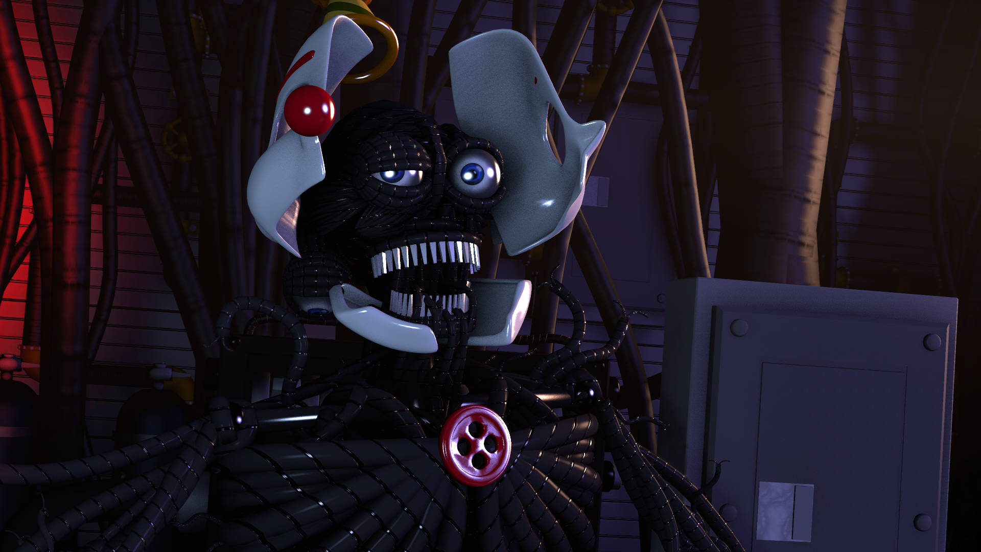 Ennard 桌布 壁紙 — 一個帶有鋒利牙齒和發光眼睛的威脅性機械動畫，從昏暗的工業環境中凝視。