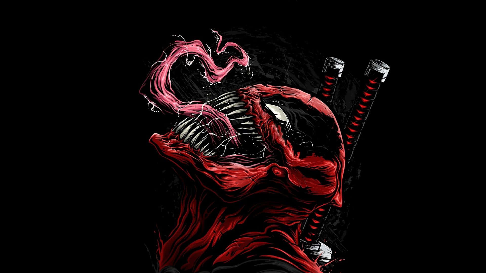 Venom Comic Book 桌布 壁紙 — 一個帶有鋒利牙齒和發光眼睛的威脅性紅色共生生物，在黑色背景上握著兩把武士刀。