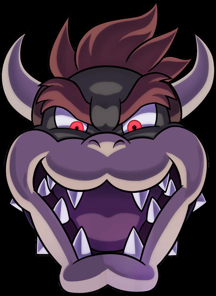 bowser 桌布 壁紙 — 一個帶有鋒利牙齒和發光紅眼的威脅性紫色卡通龍，背景為黑色。