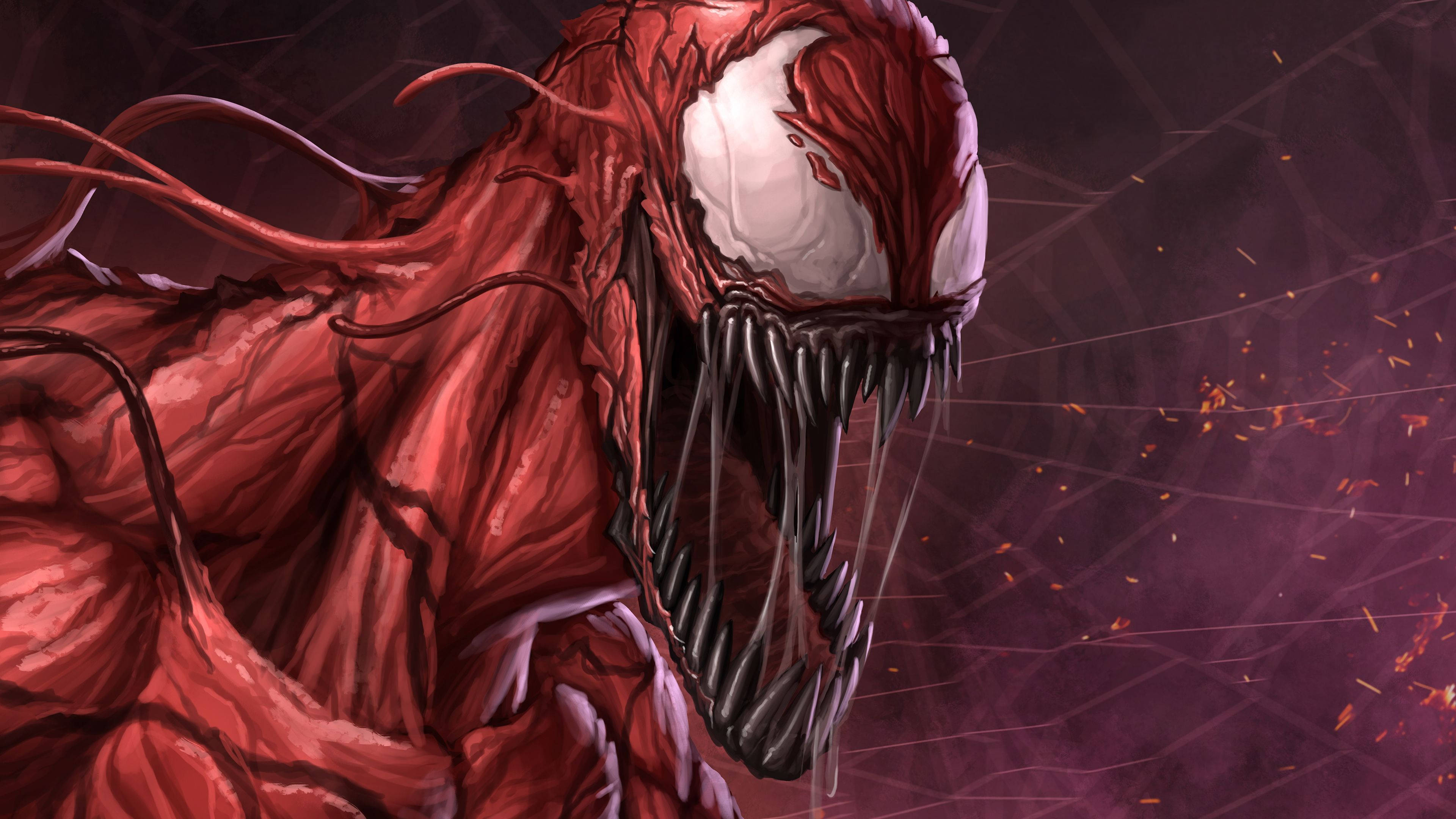 Carnage 桌布 壁紙 — 一個帶有鋒利牙齒和白色眼睛的威脅性紅色共生生物，在帶有火花的深紫色背景上咆哮。