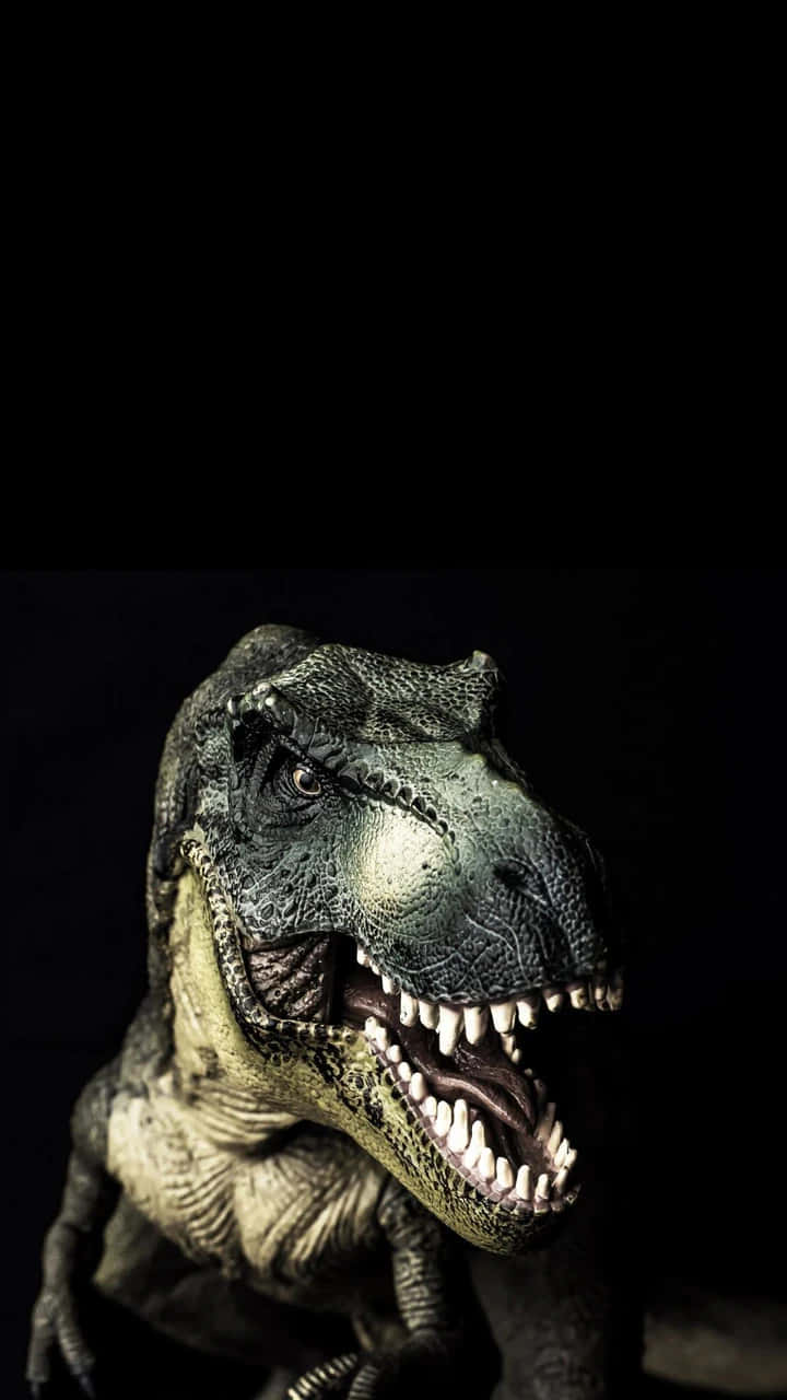 Realistic Dinosaur 桌布 壁紙 — 一個帶有鋒利牙齒和紋理皮膚的威嚇性暴龍模型，在純黑色背景下強烈凝視。