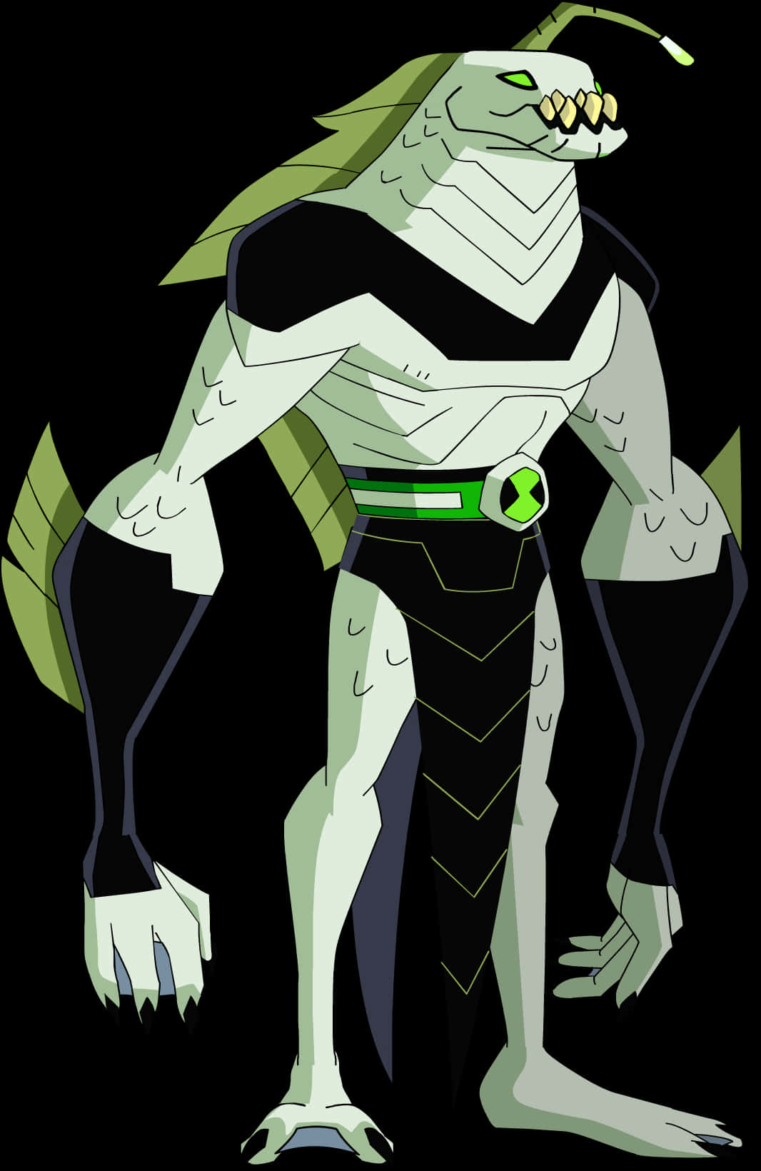 Ben 10 桌布 壁紙 — 一個帶有鋒利牙齒和葉狀鰭的威脅性綠色外星人，以全身姿勢站在黑色背景前。