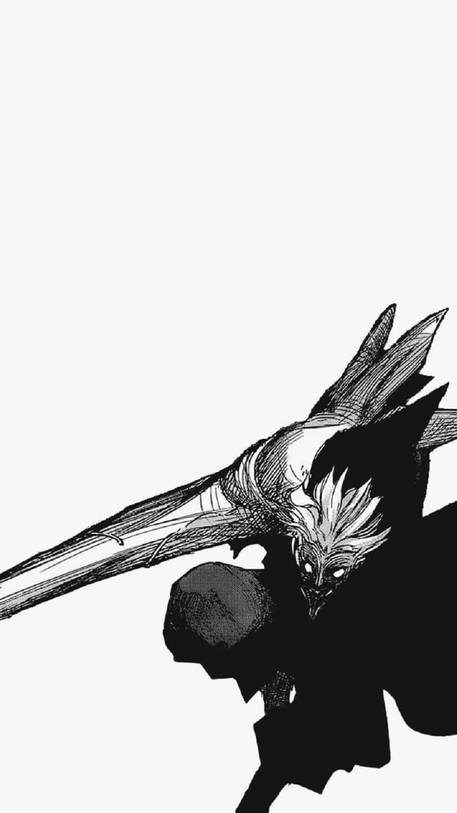 Seidou Takizawa 桌布 壁紙 — 一個帶有鋒利翅膀和發光眼睛的威脅性蝙蝠狀生物，在鮮明的黑白對比中籠罩著一個陰影人物。