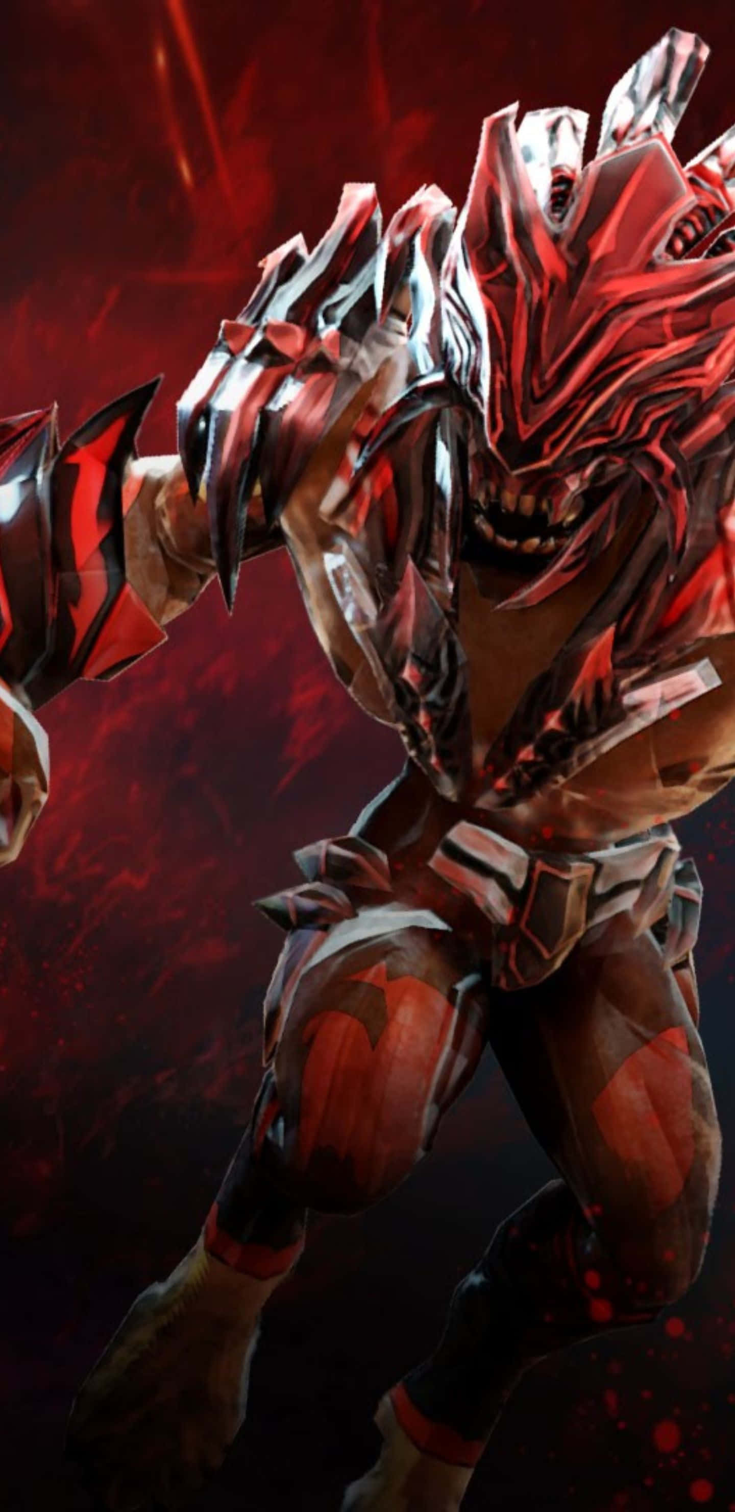 Pixel 3xl Dota 2 桌布 壁紙 — 一個帶有鋸齒狀尖刺和發光眼睛的威脅性紅銀色裝甲戰士站在黑暗、血跡斑斑的戰場上。