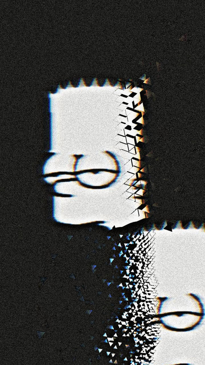 霸子·辛普森 桌布 壁紙 — 一個帶有鋸齒狀數位扭曲的巴特·辛普森頭像，背景為深色。