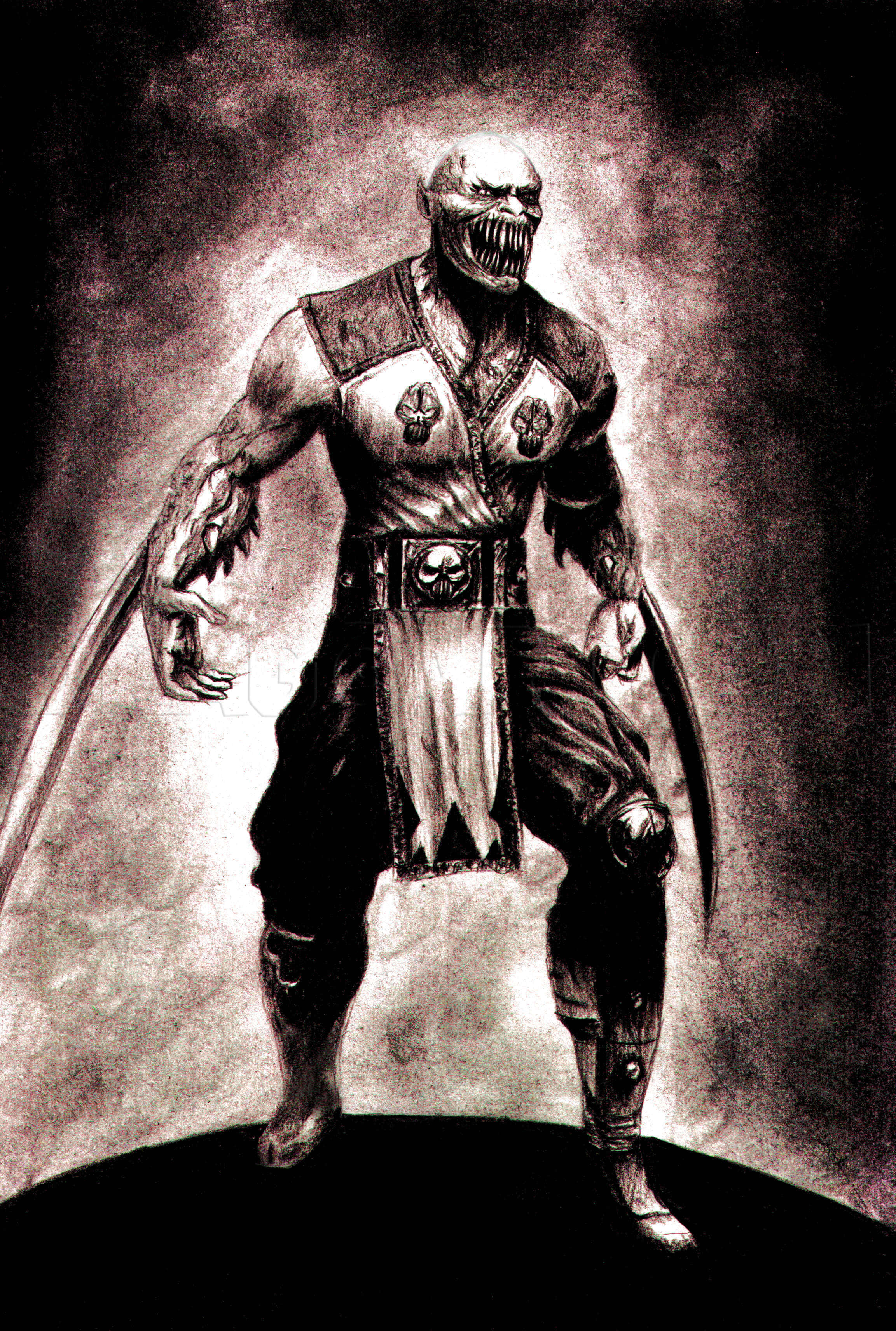 Mortal Kombat Baraka 桌布 壁紙 — 一個帶有鋸齒狀牙齒和雙刃的威脅性骷髏戰士，以煙霧繚繞、戲劇性的黑白姿勢站立。