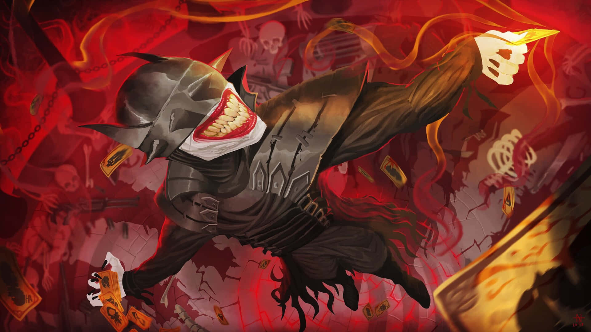 The Batman Who Laughs 桌布 壁紙 — 一個帶有鋸齒狀笑容和火焰光環的威脅性動畫蝙蝠戰士，在一個佈滿頭骨和鎖鏈的紅色戰場上揮砍。
