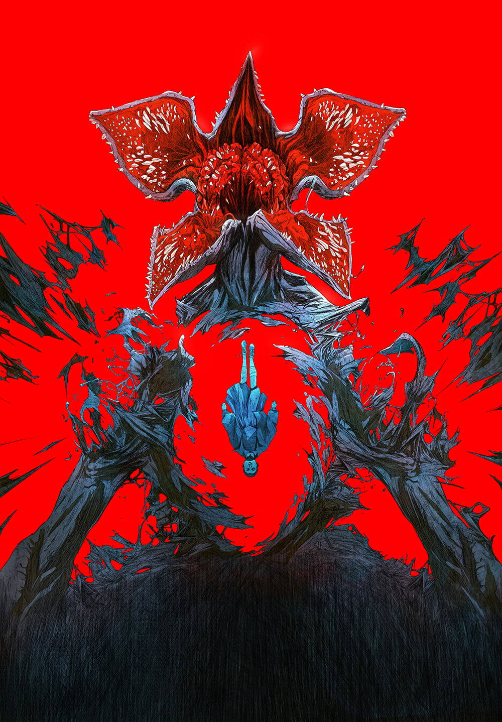 horror villains 桌布 壁紙 — 一個帶有鋸齒狀花瓣的威脅性紅色花朵狀怪物，在鮮紅色背景的黑暗中懸浮著一個藍色小人影。