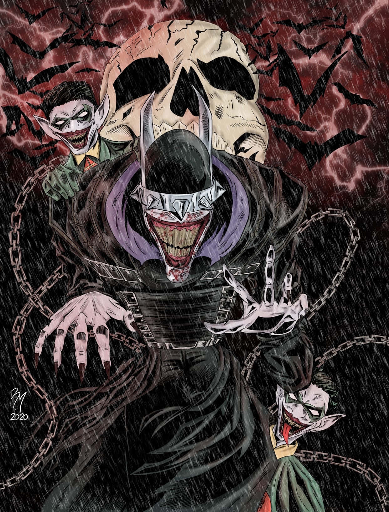 The Batman Who Laughs 桌布 壁紙 — 一個帶有鎖鏈和骷髏頭的威脅性小丑在充滿蝙蝠的暴風雨紅色天空中隱現。