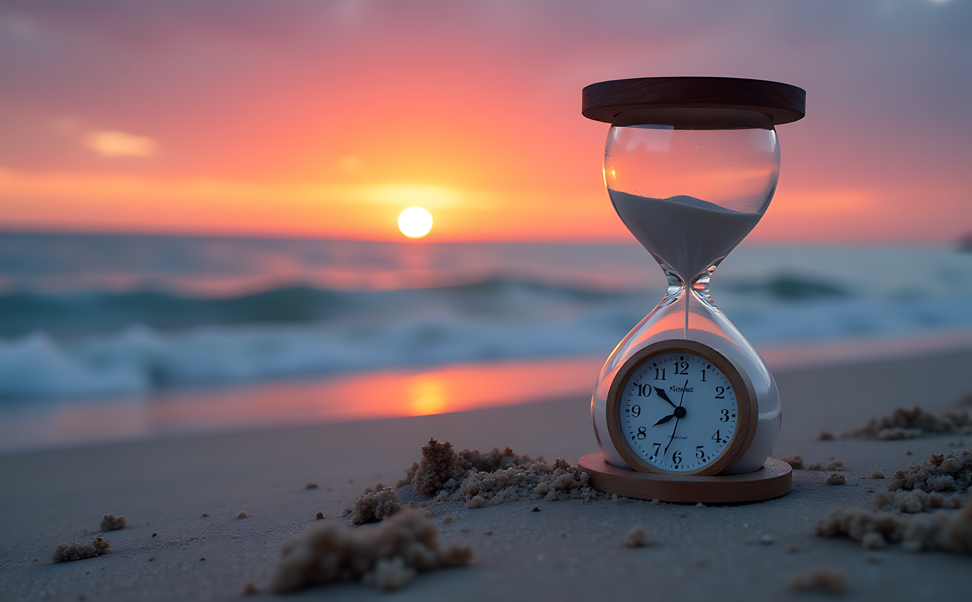 Stopwatch 桌布 壁紙 — 一個帶有鐘面的沙漏放在沙灘上，夕陽正落在海浪之上。