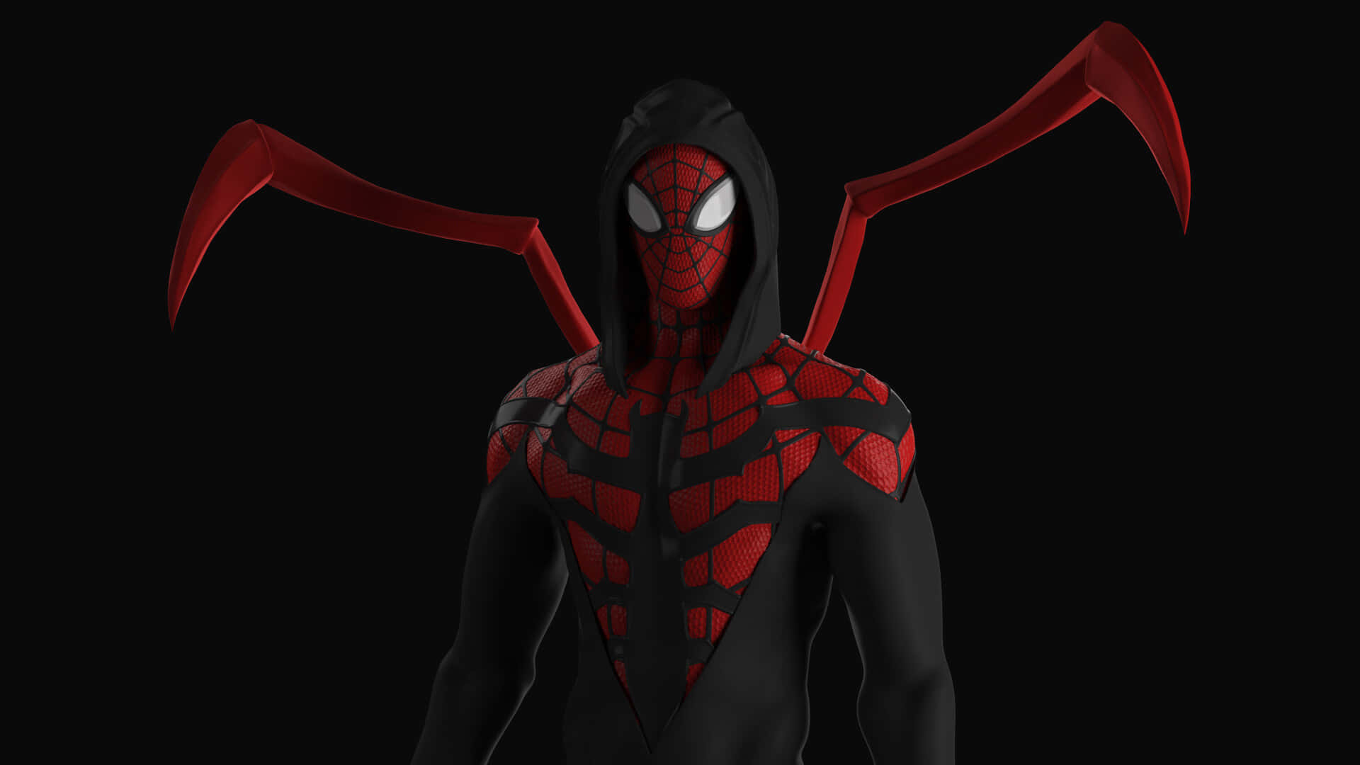 Superior Spider-man 桌布 壁紙 — 一個帶有鐮刀狀刀片在背上的威脅性紅黑蜘蛛人站在黑暗虛空中。