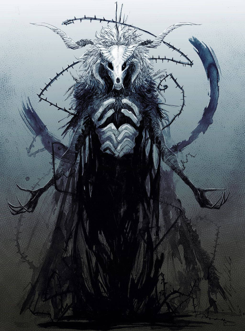Wendigo 桌布 壁紙 — 一個帶有鐵絲網和骨骼特徵的威脅性有角惡魔，在黑暗單色插圖中若隱若現。