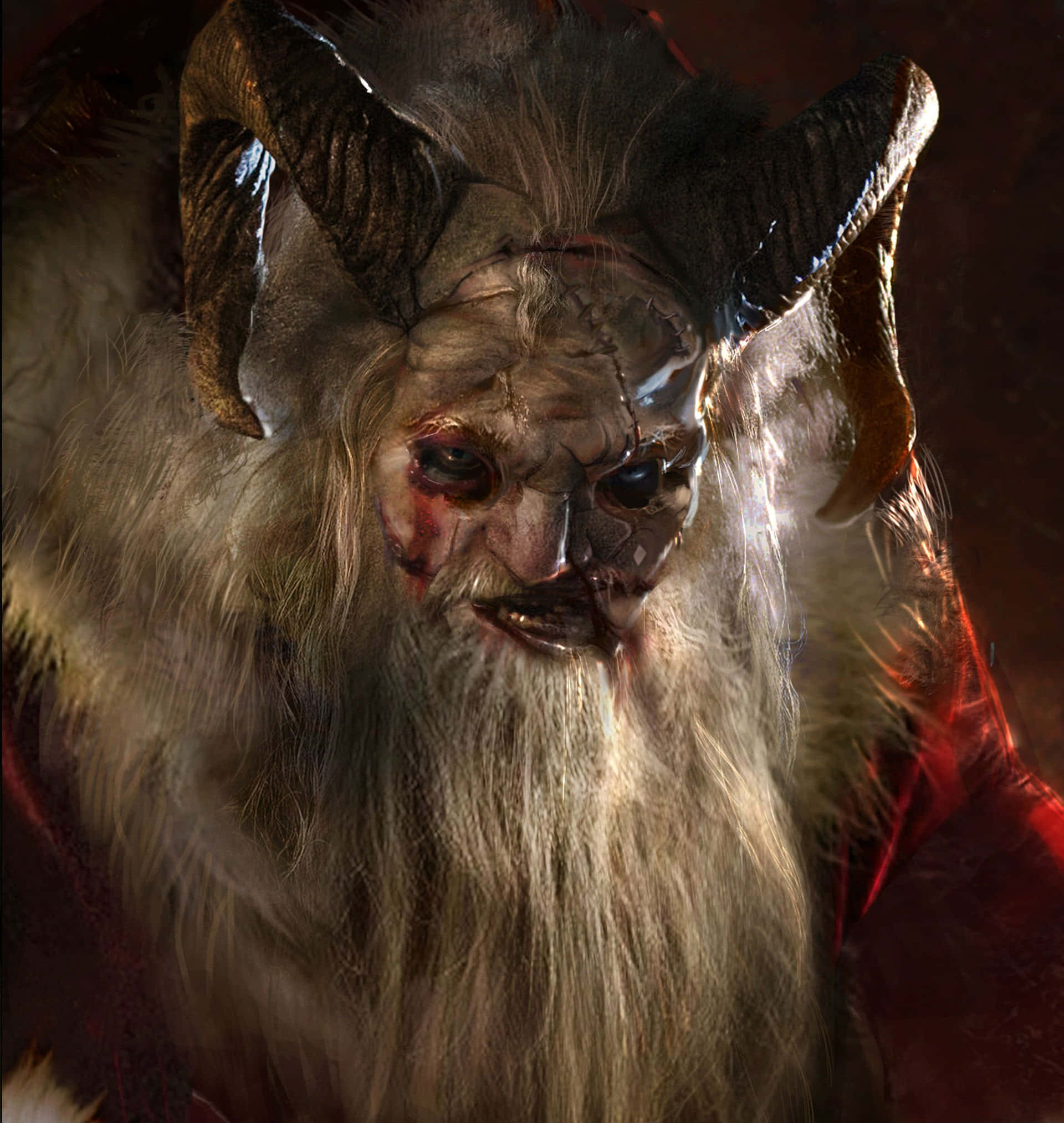 Krampus 桌布 壁紙 — 一個帶有長白鬍鬚和血跡斑斑臉孔的威脅性有角惡魔，在昏暗的紅光中強烈凝視。