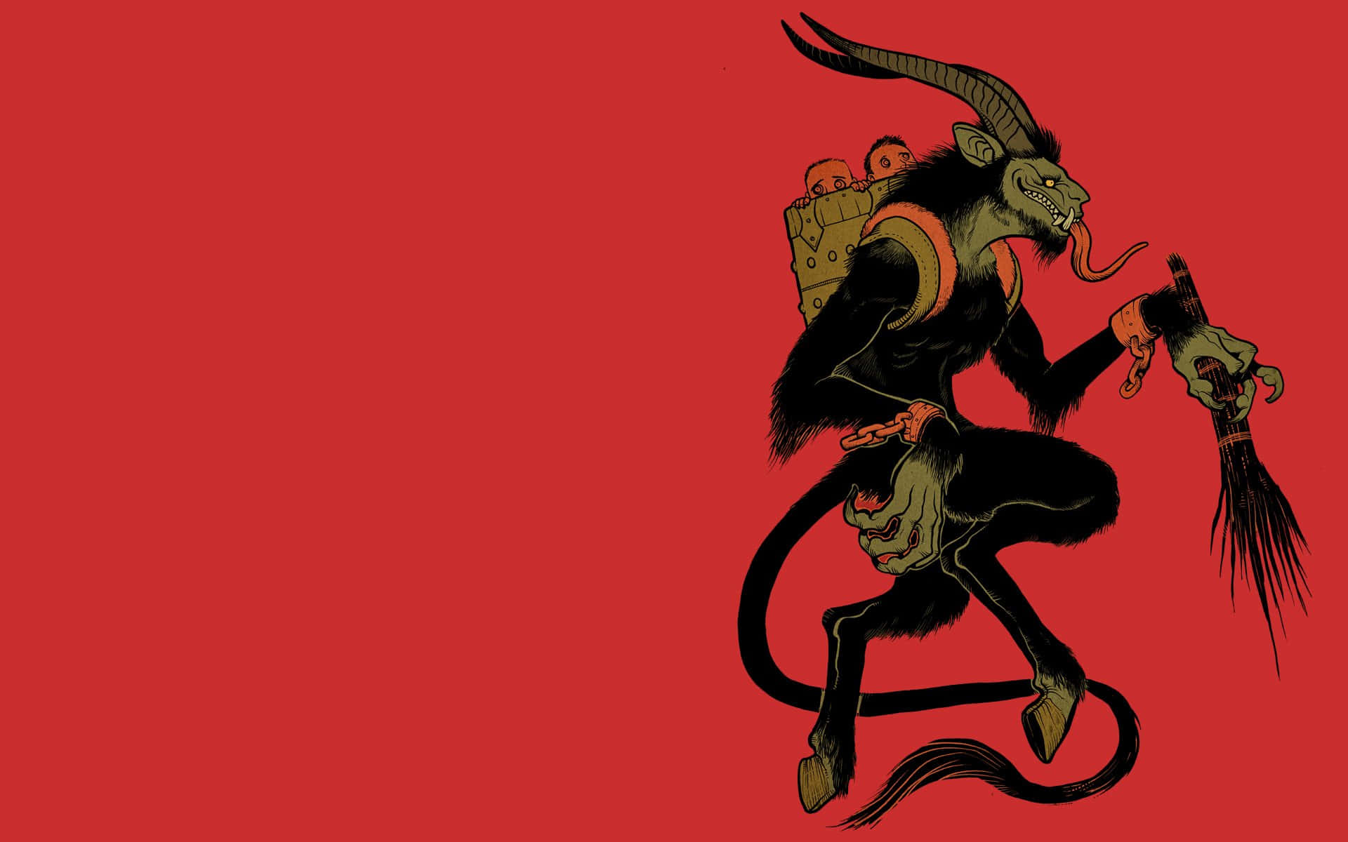 Krampus 桌布 壁紙 — 一個帶有長舌頭和掃帚的威脅性角惡魔，在純紅色背景上大步前行。