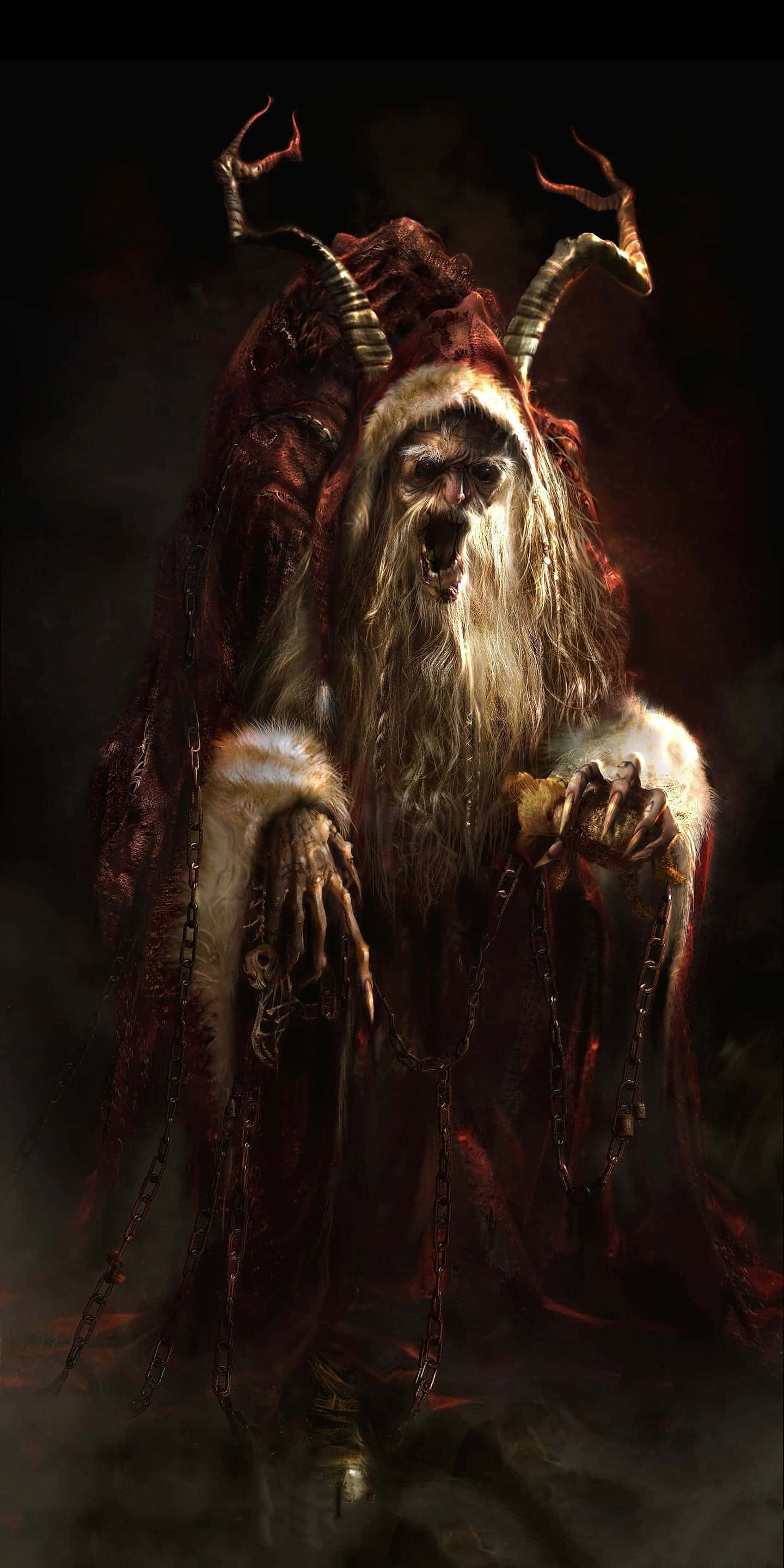 Krampus 桌布 壁紙 — 一個帶有長鬍鬚和破爛紅袍的威脅性有角惡魔，站在陰暗的黑暗中緊握鎖鏈。