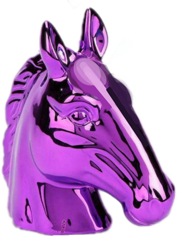 Horse Head 桌布 壁紙 — 一個帶有閃爍角和銳利黑色輪廓的光澤紫色獨角獸頭，在純黑色背景上。