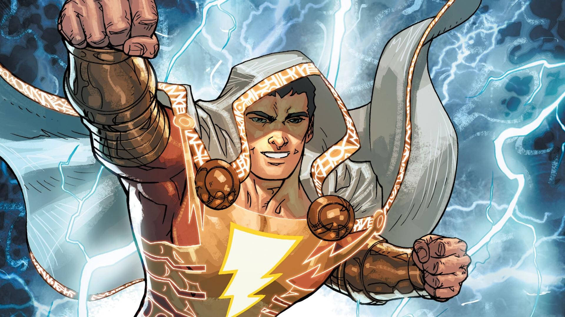 Shazam 桌布 壁紙 — 一個帶有閃電標誌的漫畫超級英雄在充滿電能的暴風雨藍色背景前舉起拳頭。