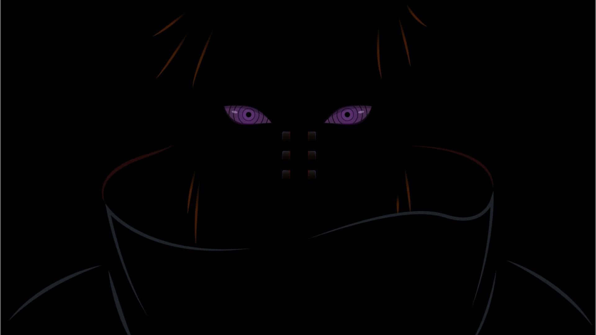 Rinnegan 桌布 壁紙 — 一個帶有陰影的動漫人物，擁有發光的紫色眼睛和高領，在黑色背景下強烈凝視。