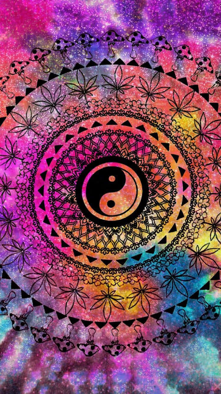 Ying Yang 桌布 壁紙 — 一個帶有陰陽圖案的迷幻曼陀羅，在閃爍的宇宙背景下散發出鮮豔的彩虹色調。