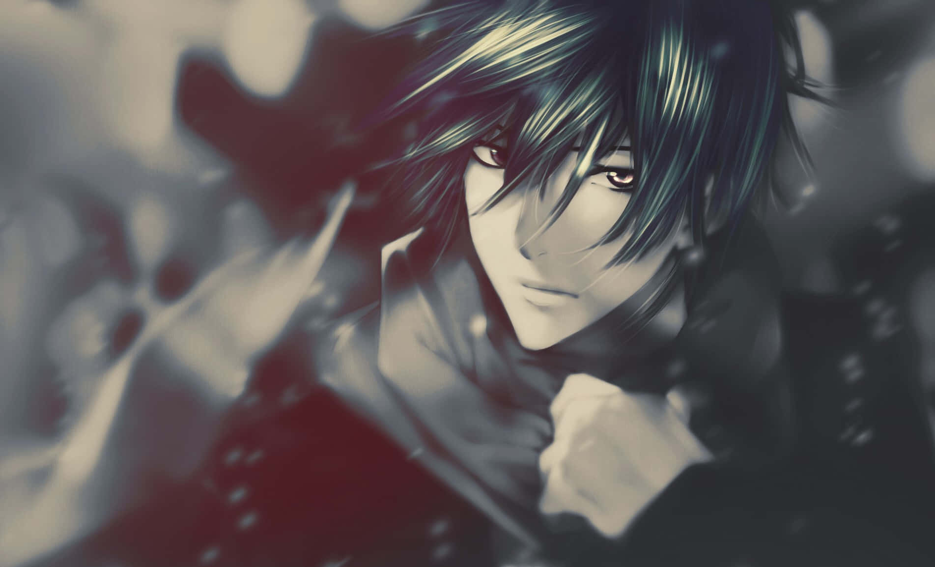 Sad Dark Anime 桌布 壁紙 — 一個帶有陰鬱氣質的動漫角色，深色頭髮和紅色眼睛，在紅色和灰色調的模糊背景前凝視著。
