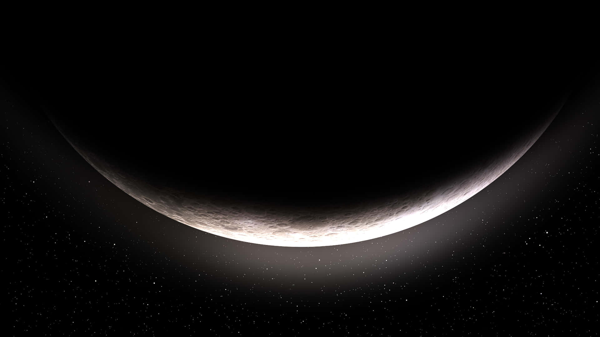 Crescent Moonlit Horizon – Cosmic Serenity in Deep Space 壁紙 — 一個帶有隕石坑表面的新月在深空的星場中柔和地發光。