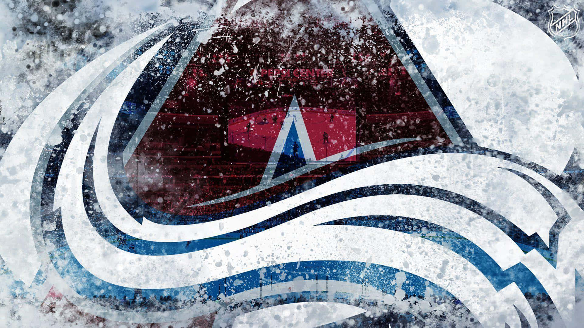 NHL 桌布 壁紙 — 一個帶有雪花效果的風格化科羅拉多雪崩隊標誌，疊加在百事中心內的冰球場場景上。