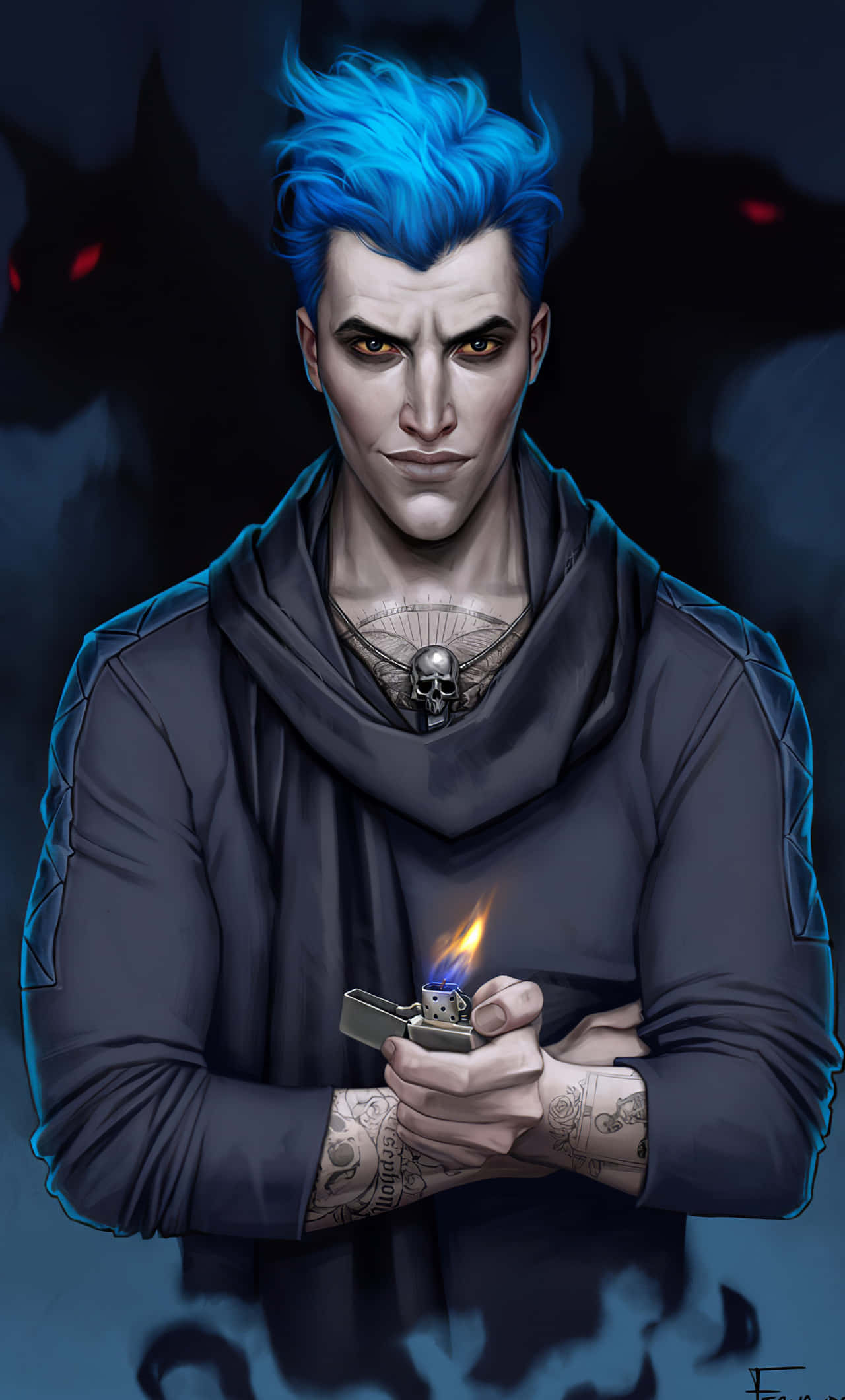 Hades 桌布 壁紙 — 一個帶有電光藍髮和發光紅眼的威脅性男子，在黑暗陰影背景前拿著點燃的打火機。