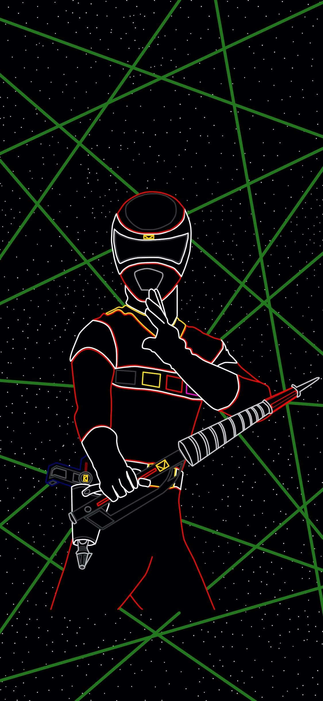 金剛戰士 桌布 壁紙 — 一個帶有霓虹輪廓的Power Ranger在太空中手持爆能槍，綠色雷射網格劃過星空虛空。