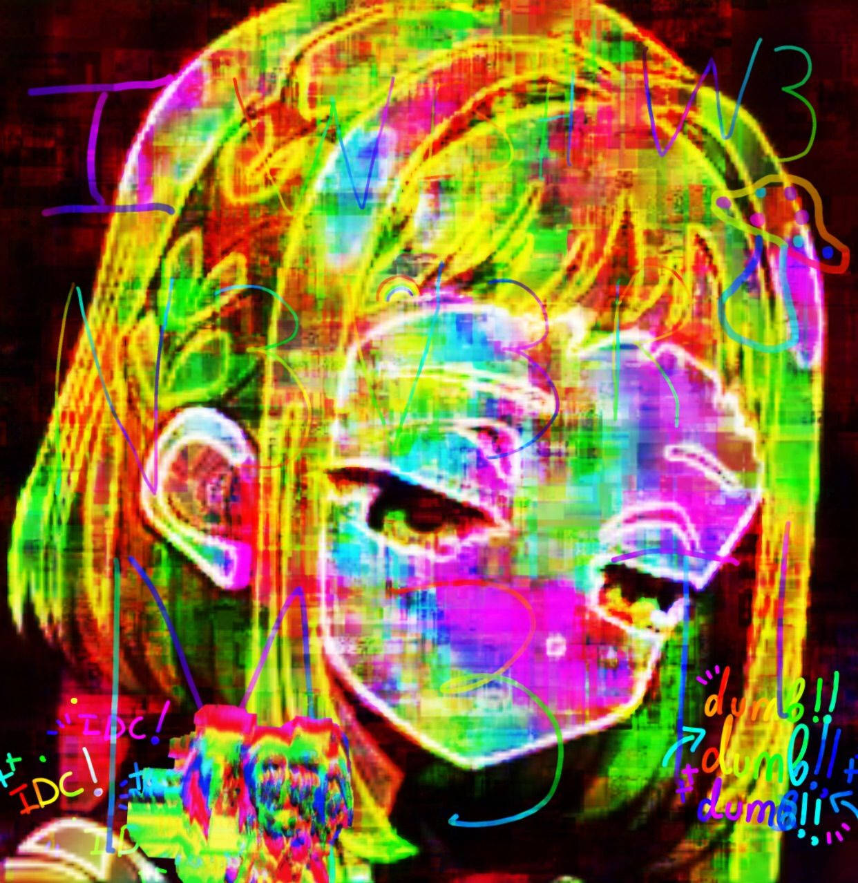 故障 桌布 壁紙 — 一個帶有霓虹髮色和扭曲面孔的故障藝術動漫女孩，被色彩繽紛的數位噪點和文字包圍。