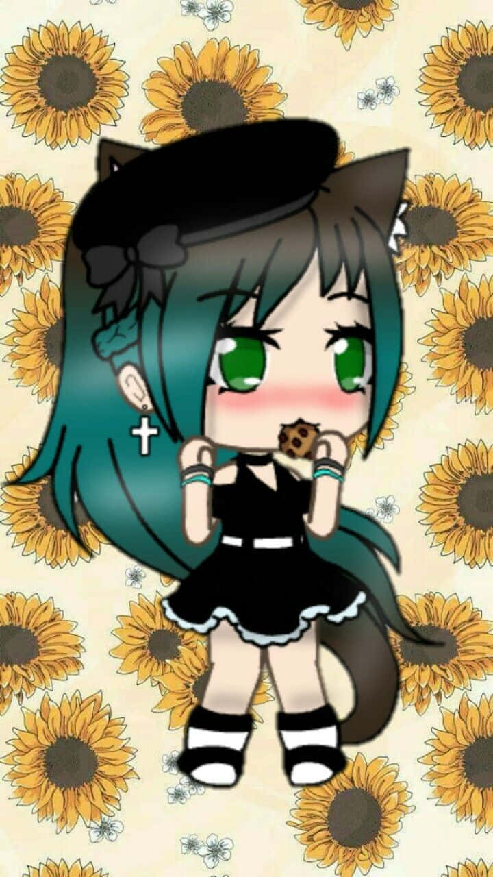 Gacha 桌布 壁紙 — 一個帶有青色頭髮和貓耳的可愛動漫女孩在向日葵圖案背景前吃餅乾。