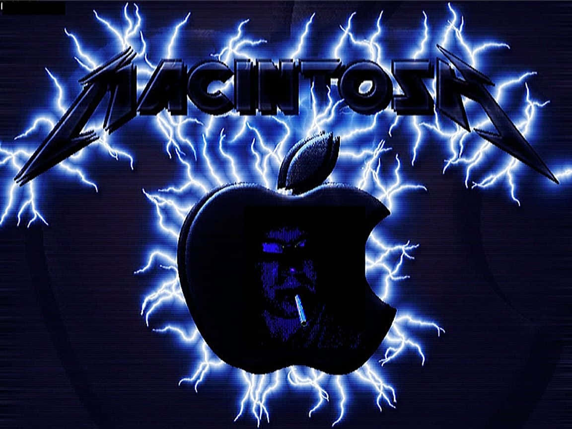 桌布 壁紙 — 一個帶有面孔和香煙的深色Apple標誌，被電藍色閃電和金屬字體的Macintosh字樣包圍。