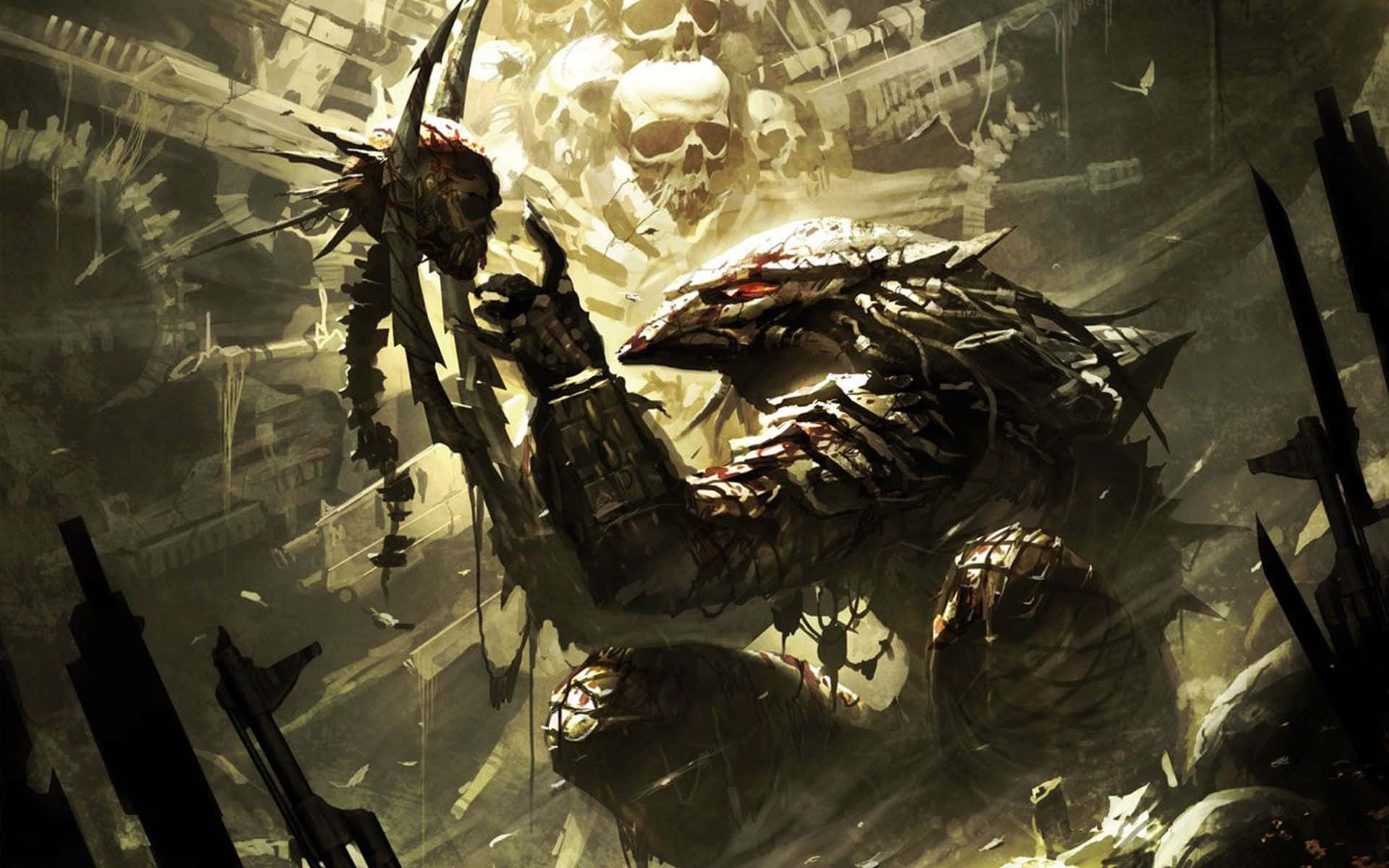 在廢墟戰場上帶有頭骨和刀刃的裝甲怪物。 — Ps4 壁紙