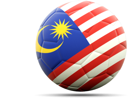 Malaysia 桌布 壁紙 — 一個帶有馬來西亞國旗紋理的足球，有紅白條紋、藍色區域、黃色新月和星星。