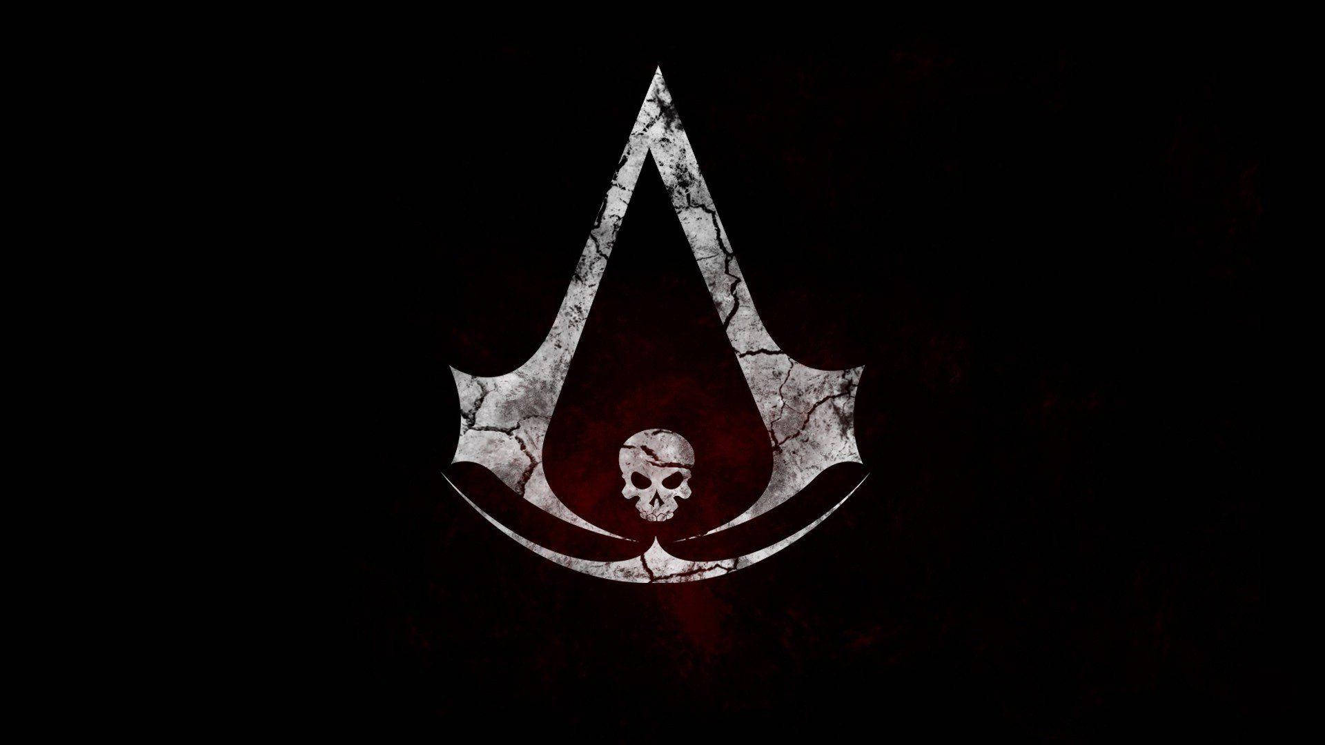 Gamer Logo 桌布 壁紙 — 一個帶有骷髏圖案的破裂白色刺客徽章在深紅色和黑色紋理背景上發光。