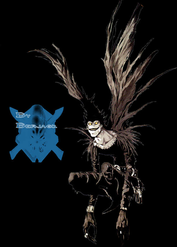 Death Note Ryuk 桌布 壁紙 — 一個帶有骷髏臉、黃色發光眼睛和羽毛翅膀的威脅性動漫角色，站在黑色背景前，旁邊有一個藍色幽靈般的身影。