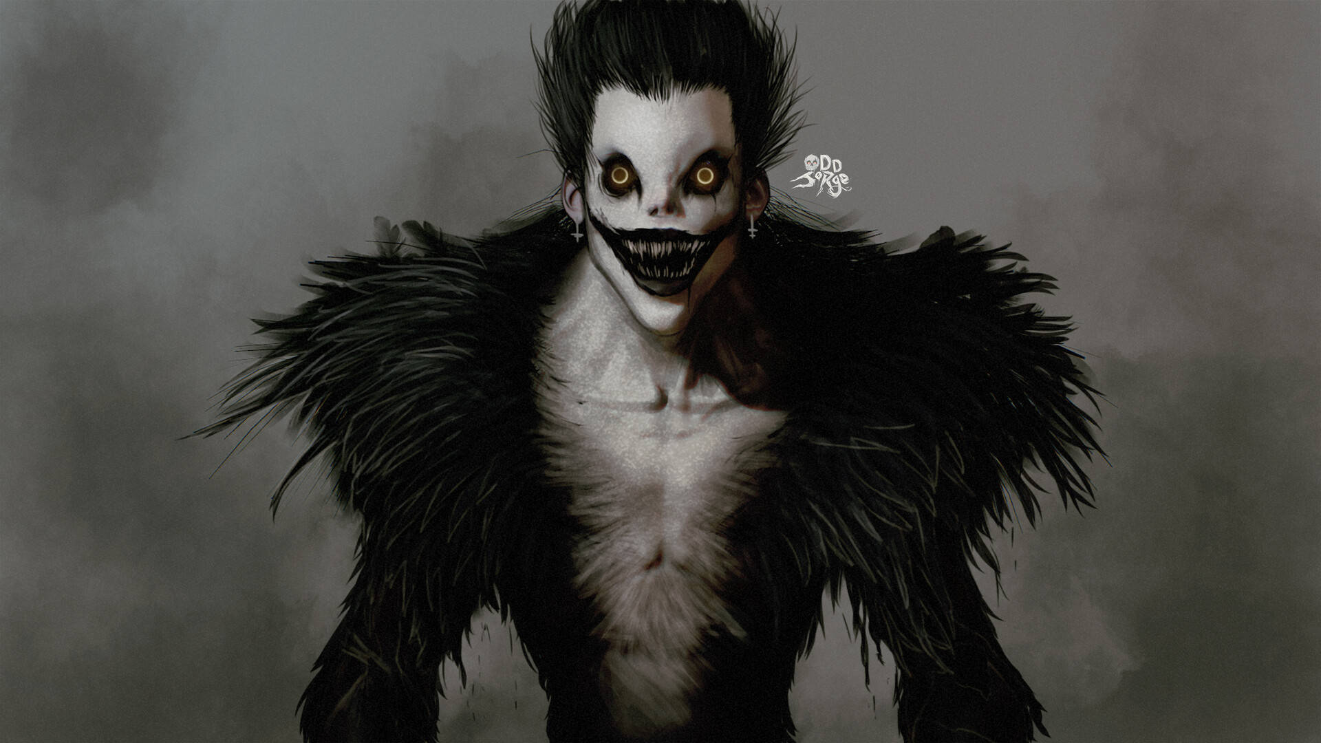 Ryuk 桌布 壁紙 — 一個帶有骷髏臉、黃色發光眼睛和黑色羽毛斗篷的威脅性動漫角色，站在煙霧繚繞的灰色背景前。