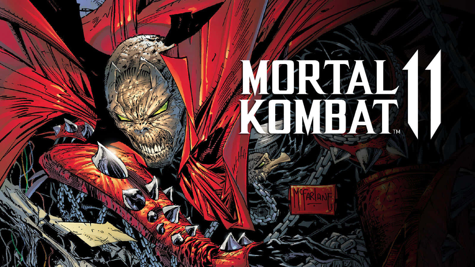 Mortal Kombat 11 Spawn 桌布 壁紙 — 一個帶有骷髏臉和紅色斗篷的威脅性漫畫角色籠罩在Mortal Kombat 11標誌上方。