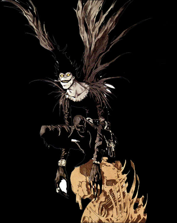 Death Note Ryuk 桌布 壁紙 — 一個帶有骷髏臉和羽毛翅膀的威脅性動漫角色，棲息在黑色虛空中的燃燒頭骨上。