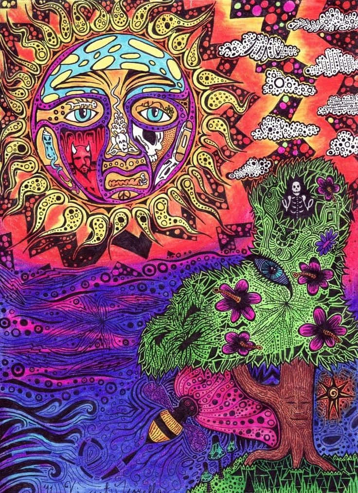 桌布 壁紙 — 一個帶有骷髏臉和藍眼睛的迷幻太陽懸浮在一棵有紫色花朵和蜜蜂的樹上，處於一個充滿活力、圖案豐富的世界中。